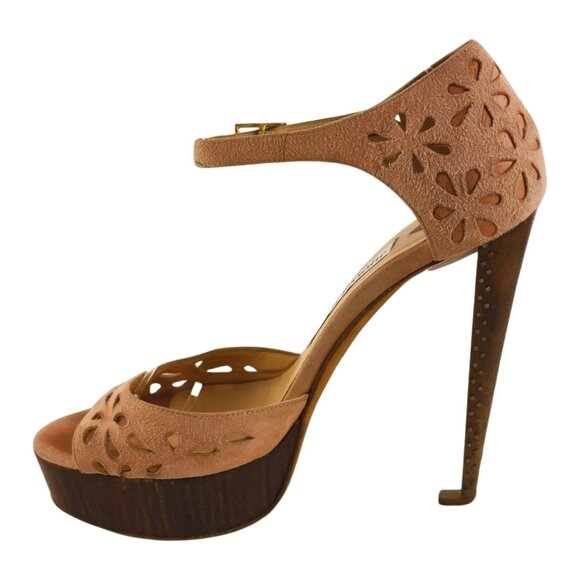Jimmy Choo Laser Cut Blush Pink Suede Peeptoe Lucite & Wood Platform Heels Sz 7 - Picture 6 of 10